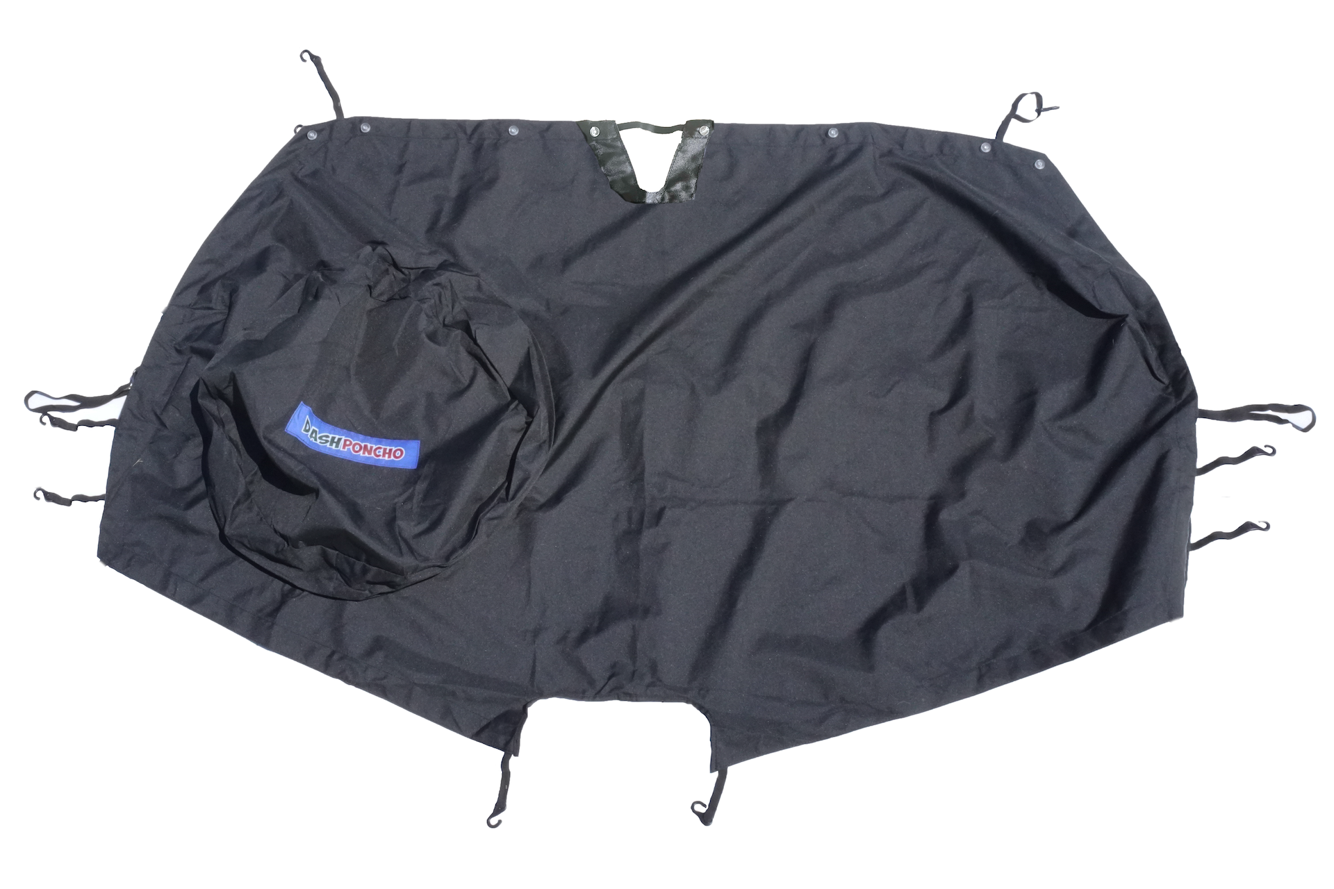 A black Dash Poncho rain cover for a JK/JKU Jeep Wrangler displayed on a white background.