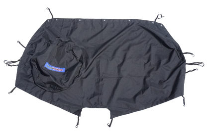 A black Dash Poncho brand dashboard cover with bungee cords and suction cups designed to protect the dashboard of a Jeep Wrangler JL/JLU or Gladiator JT  from rain, sun, dust, wind, and sand.