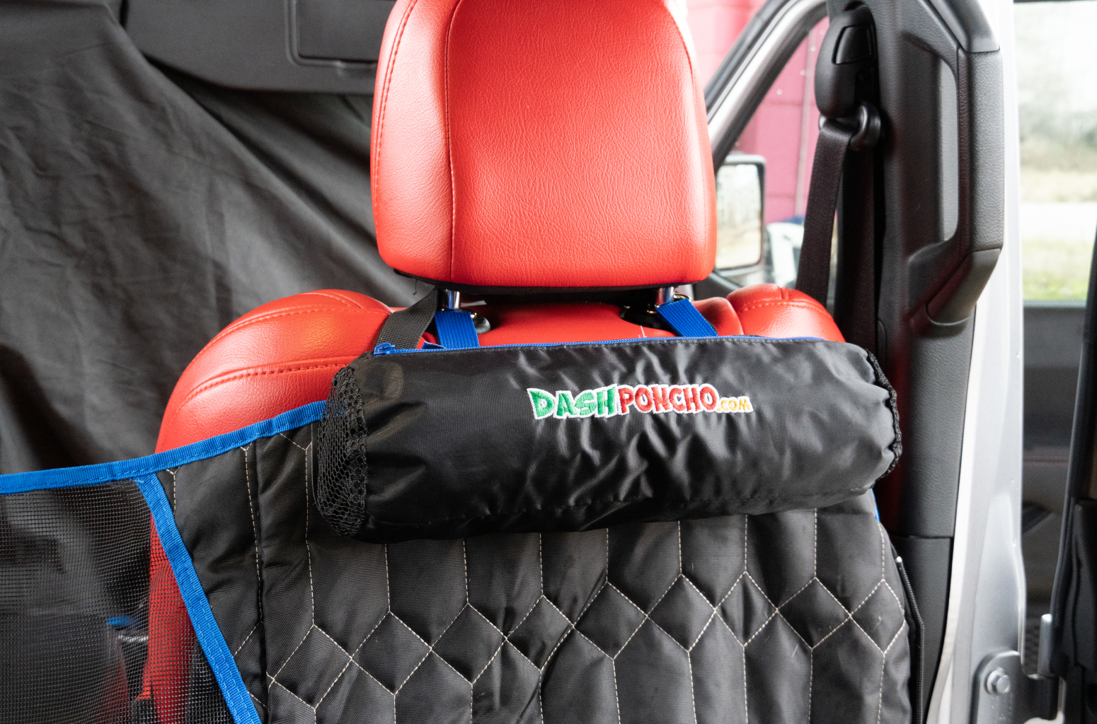 JT Jeep Dash Poncho storage bag passenger side seat view with logo